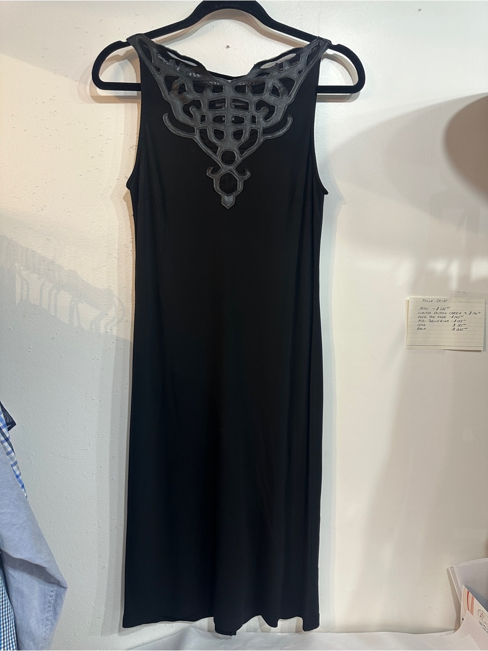 Joseph Ribkoff Black Sleeveless Midi Dress with Decorative Cutwork Yoke